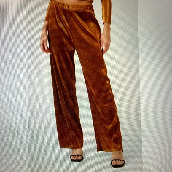 French Connection Taina Metallic Bronze Pleated Jersey Wide Leg Pants Size S - Picture 1 of 16